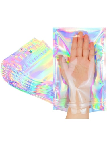 HBSTUDIO Resealable Foil Pouch Mylar Sample Bag,Great for Party Favor Food Storage (Holographic Color) (50pcs,15x22cm)