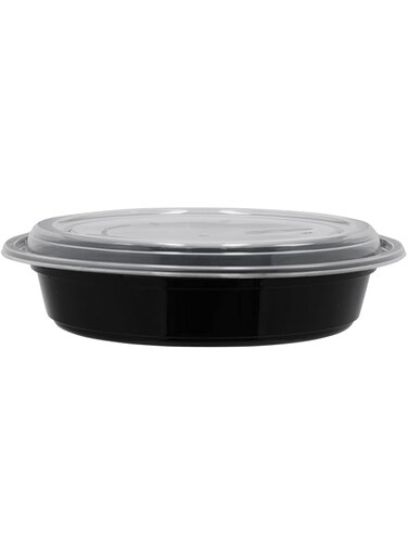 Packwell Black Base Round Shaped Microwave Container with Clear Lid 150-Pieces, 48 oz Capacity, Black/Clear