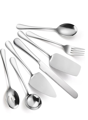 7 PCS Flatware Serving Set Stainless Steel Utensils Include Soup Spoon,Slotted Spoon,Dessert Server,Large Serving Fork, Cake Knife,Large Serving Slotted Spoon,Pizza Spatula (Silver)