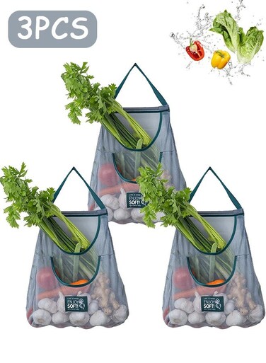 3 Pcs Reusable Mesh Bags - Dual Pocket Multi-purpose Breathable Hanging Bag Storage Kitchen Organizer for Potatoes, Onions, Fruits &amp; Vegetables Mesh Net Bag String Fruit Storage Bag