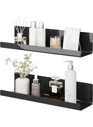 No Drilling Floating Wall Shelf, Set of 2, Black Acrylic for Books and Photos, Home Decoration, Kitchen, Bathroom, Office, Living Room