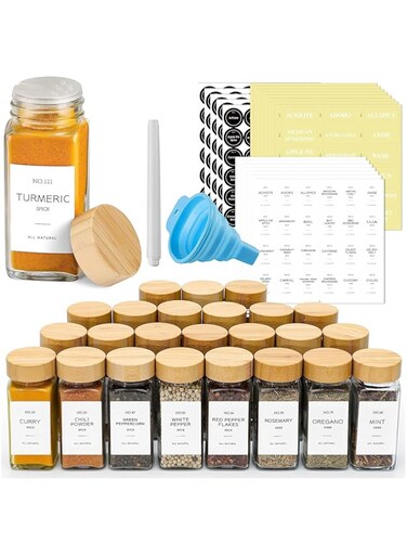 U-HOOME 24 Pcs Glass Spice Jars with Labels and organizer，4oz Empty Square Spice Bottles Containers with Bamboo Lids, Spices Container Set ，Seasoning Storage Bottles, Glass Jar Food Canister