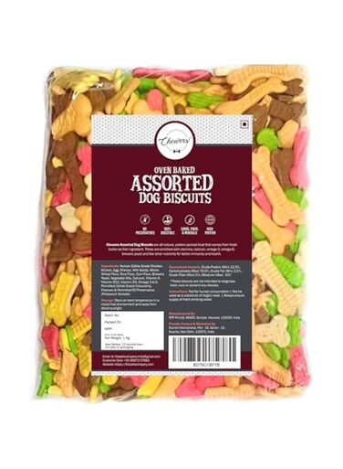 Chewers Oven Baked Assorted Dog Biscuits, Contains Real Chicken, Mutton, Egg, Milk, Cheese &amp; Strawberry, Dog Treat 1 Kg