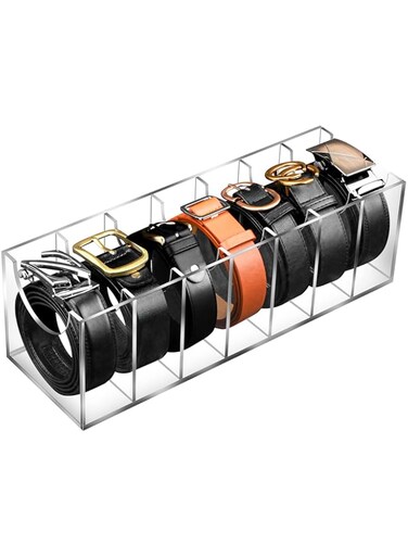 AFOROEOA Belt Organizer, Acrylic 7 Compartments Belt Storage Holder Clear Belt Display Case Belt Container Holder for The Closet Drawer Bow Tie Watch Jewelry Bracelets Ring Cosmetic