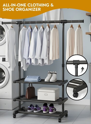 Heavy Duty Adjustable Clothes Rack with Wheels &amp; Storage Shelves &acirc;&euro;&ldquo; Metal Garment Hanging Rail Stand, Rolling Clothing Rack Organizer for Bedroom, Laundry, Boutique &amp; Retail
