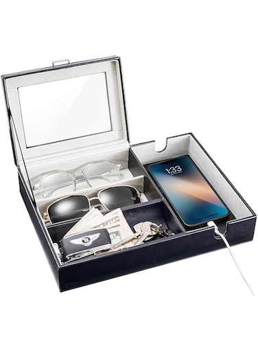 ProCase Valet Tray for Men, Faux Leather Nightstand Organizers Mens Jewelry Tray with Glass Lid Dump Catchall Trays Bedroom Side Table Dresser Top Organizer -1 Layer, Black