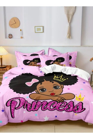 Home Single Size 4 Pieces: 1 Duvet cover - (160*210cm); 1 Fitted sheet (100*200+30cm); 2 Pillow cases - (50*75cm), In A Lovely Pink Color Featuring A Princess Design.