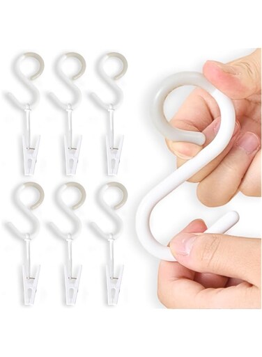 Tazweeq 6 Pack Laundry Hooks Clip, S Hooks Pins Towel Clips, Plastic Clothes Pins, Super Strong Hanger Clips, for Clothing Store Kitchen Wardrobe Socks Handbag, White