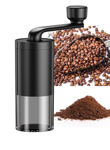 Manual Small Conical Burr Coffee Grinder, Ceramic Mill, Hand Crank,Portable,Perfect for Espresso maker at home,Travel,Camping,Internal Adjustable Setting, Visible Powder Bin Black