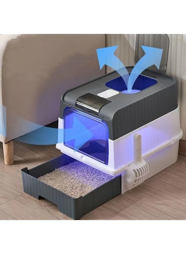 SLEEPHEAD&reg; UV Extra Large Space Cat Litter Box， Foldable Cat Litter Box with Lid Covered Cat Litter Box Enclosed Litter Box with Scoop and Bowl Anti-Splashing Kitty Litter Pan Closed Cat Toilet (grey)