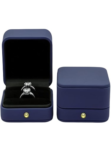 KWSLIN Engagement Ring Box, Square Leather Velvet Jewelry Ring Bearer Box, Premium Gorgeous Vintage Leather Ring Box for Proposal Ceremony Wedding Anniversary, Dark Blue, Double Slot, 1 Pack