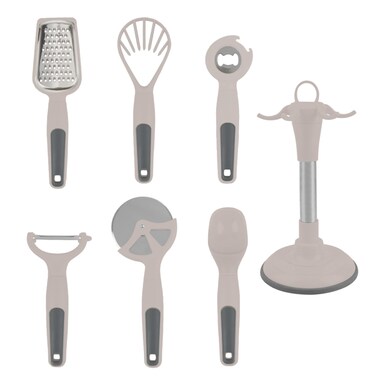 7 Pieces Multipurpose kitchen Gadgets Set Peeler Mincer ABS Material Ergonomic Handle Bottle Opener Pizza Cutter Vegetables Grater Scoop Spoon for Ice Cream with Stand-khaki