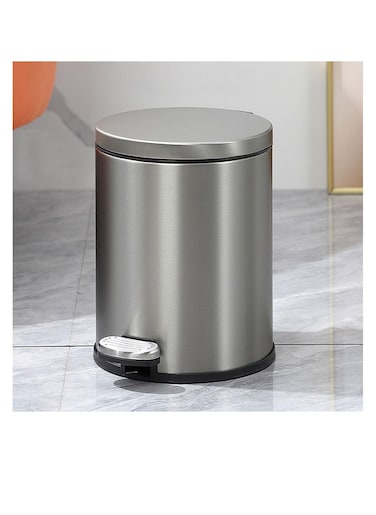 Stainless Steel Double Layer Dustbin with Pedal and Lid For Bathroom Kitchen,Silent Lidded Trash Bin,Fingerprint-Proof Modern Garbage Can,Round Bucket with Handle for Home Office (Grey, 12L)