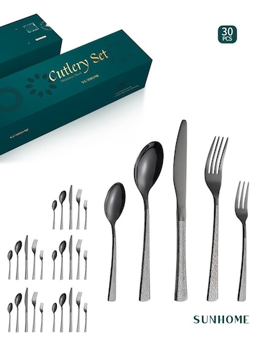 30-Piece Stainless Steel Cutlery Set Kitchen Utensil Set Western Tableware Suitable For Home Kitchen Restaurant Hotel Party Dining Picnic Dining Exquisite Packaging Gift Black