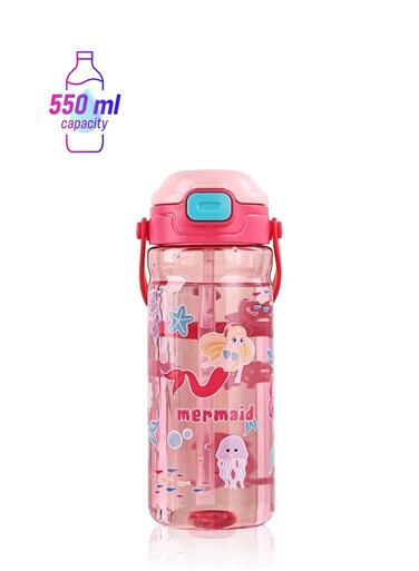 Kids 550ml Pink Mermaid Water Bottle - Leakproof 18oz Button Straw Drinking Bottle for School, Toddlers &amp; Children, BPA-Free &amp; Refillable