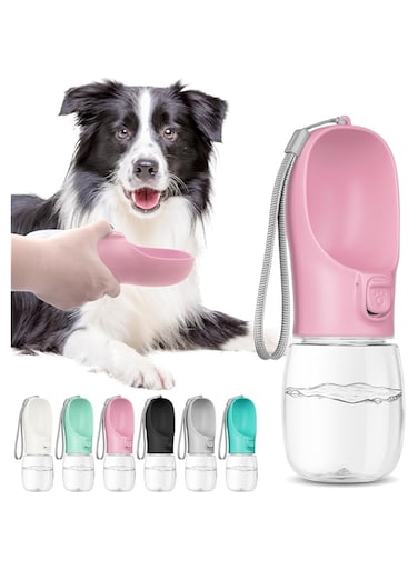Mumoo Bear Dog Water Bottle, Leak Proof Portable Puppy Water Dispenser with Drinking Feeder for Pets Outdoor Walking, Hiking, Travel (12oz Pink)