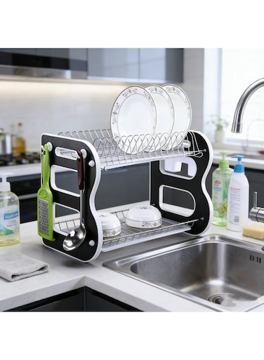 4.&Acirc;&nbsp;Multifunctional 2-Tier Dish Rack, Black &amp; White Kitchen Storage Drainage Rack with Utensil Hooks for Bowls Plates