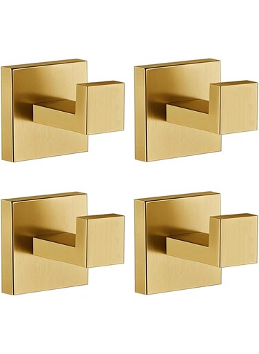 Towel Hooks for Bathrooms, Brushed Gold Towel Hook for Kitchen Bathroom, SUS304 Stainless Steel Coat Hook, Square Heavy Heavy Duty Robe Hooks for Hanging Towels,Coats,sponges,Wall Mount, 4 Pack