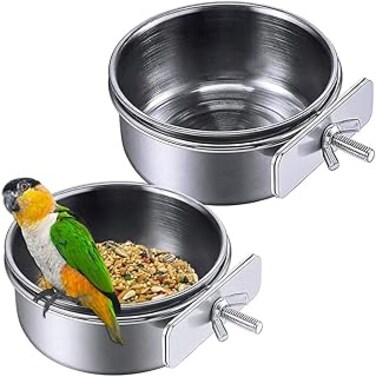 HOOTO 2 Pack Bird Feeding Dish Cups with Clamp Holder, Parrot Food &amp; Water Cage Hanging Bowl Stainless Steel Pet Cage Cups Holder for Bird Parrot Cockatiel Conure Budgies Parakeet Small Animal
