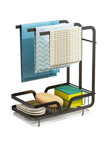 Sink Caddy, Kitchen Sink Organizer, Sponge Holder Stainless Steel Storage Organizer for Kitchen Countertop, Drain Drying Rack for Scrubber Brush,Scraper,Dishrag,Dishcloth,Soap (Black)