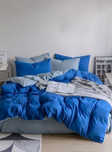 Home Premium Korean Reversible Bedding Set Plain Grey And Blue