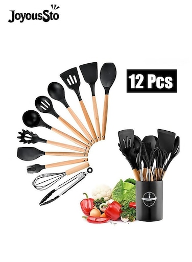 12 Pcs Kitchen Utensil Set Silicone Cooking, Heat Resistant, Wooden Handles, BPA Free Non-Toxic Silicone, Brush Ladle Server Spatula Spoon Tongs Turner Whish for Nonstick Cookware Black
