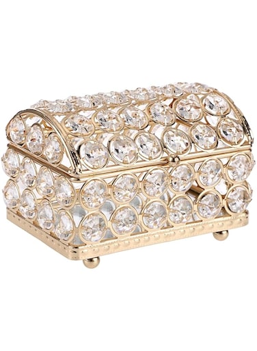 Tazweeq Crystal Jewelry Box, Treasure Chest Style Trinket Organizer Earrings Rings Box, Home Decor Accent Decorative Box with Lid Gold Gift for Valentine Wedding Birthday, S