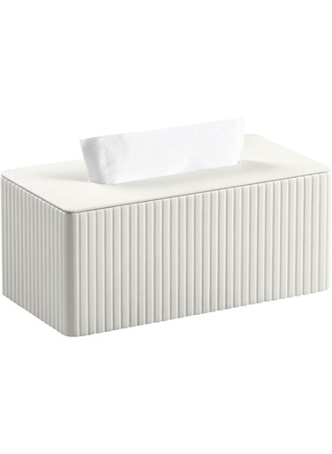 PU Leather Rectangle Tissue Box Cover with Magnetic Bottom for Bathroom Bedroom Office (White Stripes)