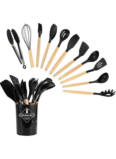 Kitchen Utensil Set Silicone Cooking Tools Kit Wooden Handle Spatula Heat Resistant Spoons Gadgets for Non-Stick Cookware - Assorted Colors