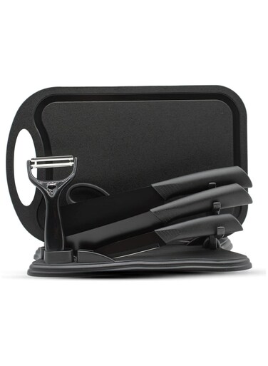 Kitchen Knife Set - 5 Black Stainless Steel Knives with Sheaths, Cutting Board, and a Knife Block- Stainless Steel Kitchen Knives with PP Ergonomic Handle (Black)