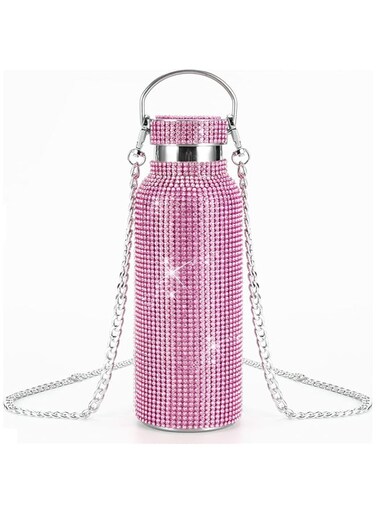 Xigugo Bling Diamond Thermal Bottle,Glitter Water Bottles, Stainless Steel Thermal Bottle Refillable Water Bottle with Chain for Women (750ml, pink)