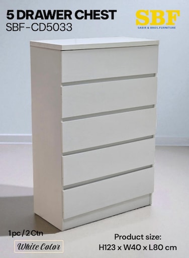 Galaxy Design 5-Drawer Chest Cabinet  MDF, White Color, H123 x W40 x L80 cm, Model GDF-SBF-5033