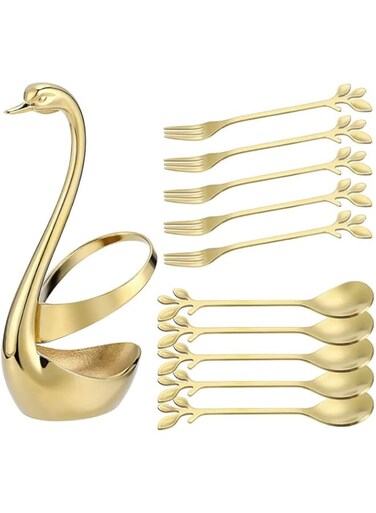 OOMYL Stainless Steel Creative Dinnerware Set Swan Base Holder with 5 Forks and 5 Spoons for Coffee Fruit Dessert Stirring Mixing Sugar Stir Ice Cream Cake Teaspoon, Gold