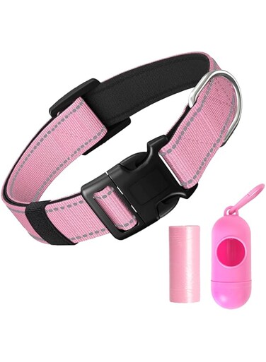Duomama Reflective Dog Collar with Soft Neoprene Padding - Breathable, Quick Release, with Pink Poop Holder &amp; Bags - Ideal for Puppy &amp; Small Dogs