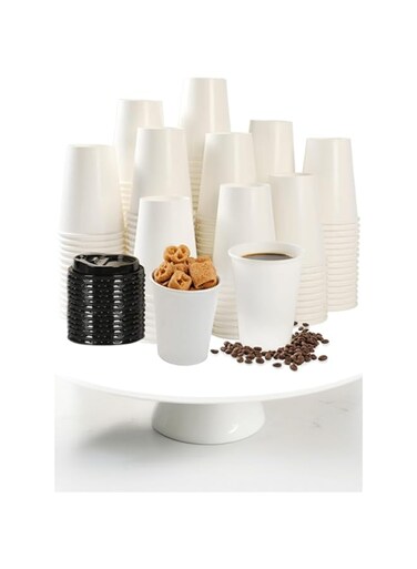Sweet seven 100 Pack 12oz Disposable Coffee Cups with Lids - Hot and Cold Beverage Drinking Cups for Home, Office, Parties - White Paper Espresso Cafe Cups