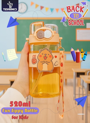 520ml Kids Water Bottle &acirc;&euro;&ldquo; Cute Cartoon Sippy Cup with Strap   BPA-Free, Leakproof, Durable Toddler Drinking Bottle for School   Back to School Kids Water Bottle   Easy to Drink Water Bottle for Boys and Girls