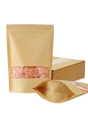 Pcs Kraft Paper Bags with Window, Stand Up Pouches Bags, Zip Lock Food Storage Bags for Packaging Products, Reusable, Sealable