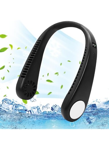 MQUPIN Neck Fan, Bladeless Neck Fan, USB Rechargeable Personal Fan, 4 Speeds Adjustable Faster Cooling, Ultra Quiet Battery Operated Neck Fan for Home, Office, Travel, Sports (Black)