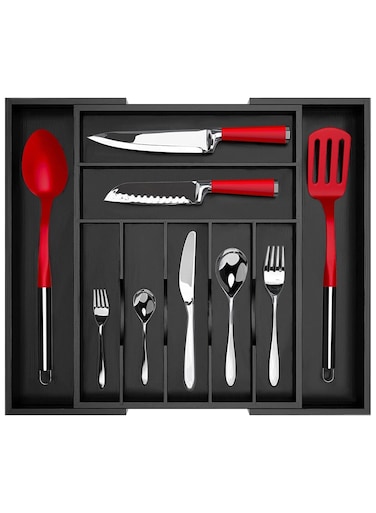 Bamboo Kitchen Drawer Organizer Expandable &amp; Adjustable Silverware Organizer - Utensil Holder and Cutlery Tray with Grooved Drawer Dividers for Flatware and Kitchen Utensils (Black)