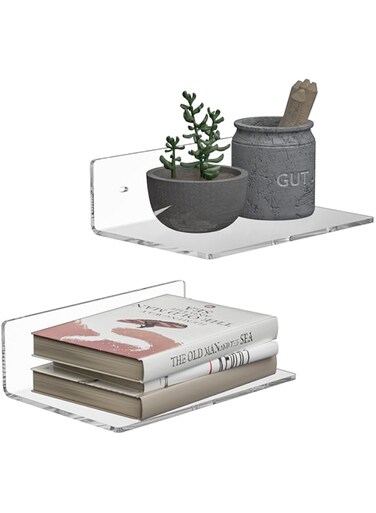 Sezanrpt 23 cm Clear Wall Shelf, Acrylic Small Floating Shelf for Wall, Home Wall Display Ledges for Storage, Room Decoration, Space Saving, Individual Parts Organiser, Pack of 2