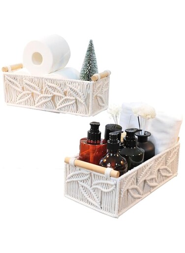 Toilet Paper Basket for Bathroom, Set of 2 Boho Toilet Paper Holder for Back of Toilet Tank Top Countertop Entryway Bedroom Decorative Gift Baskets Small Woven Organizer Storage Bins for Organizing