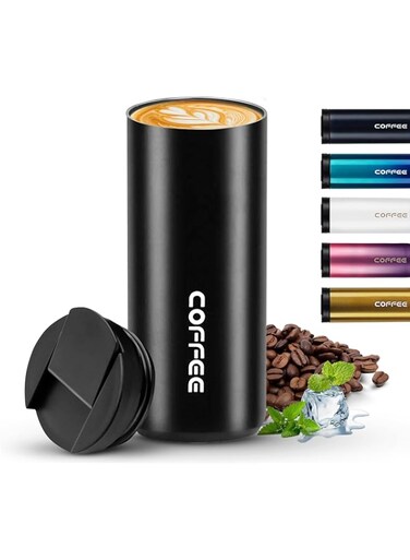 BuyOn Travel Coffee Mug Stainless Steel Double Wall Vacuum Modern Hydro Flask Hot and Cold Coffee Drinks Insulated Tumbler with Leakproof Lid for Home Office Gym Outdoor Works (MATTE BLACK, 500ML)