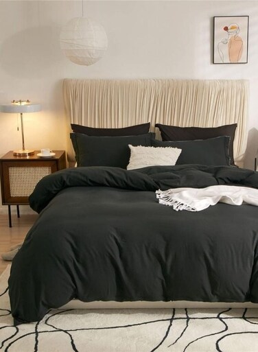 Home Single Size 4 Pieces Bedding Set Washable Cotton Black