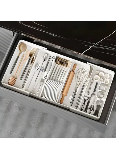 drawer storage box, adjustable cutlery tray, suitable for small plastic cutlery, can store forks, spoons and knives, plastic storage divider, ideal choice for home use.
