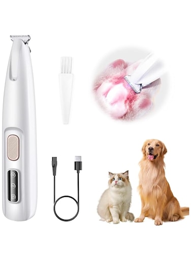 Tewiaii Pet Clippers for Grooming, Dog Paw Trimmer with LED, Cordless 2 Speed Rechargeable Electric Pet Clippers, Low Noise Pet Shaver with Ceramic Blade for Pet Hair Around Face, Claws, Rump (White)