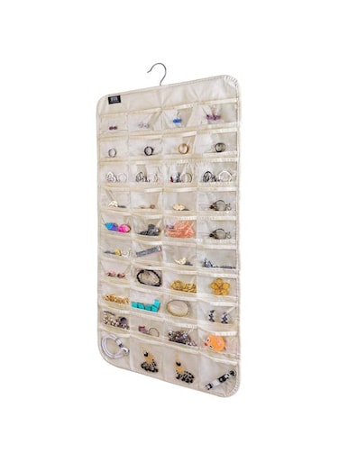 SWIUKPHE Organizer with Zippers, 80 Pockets Earring Holder Organizer, Bracelet Organizer with Pockets for Woman, for Hanging Earrings, Necklaces, Bracelets, Rings, Storage, Closet (Beige)