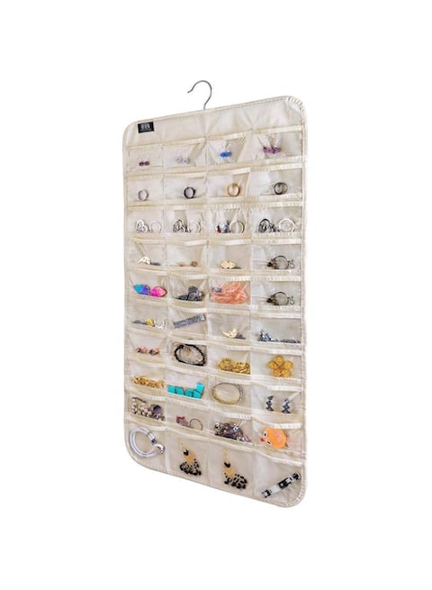 SWIUKPHE Organizer with Zippers, 80 Pockets Earring Holder Organizer, Bracelet Organizer with Pockets for Woman, for Hanging Earrings, Necklaces, Bracelets, Rings, Storage, Closet (Beige)