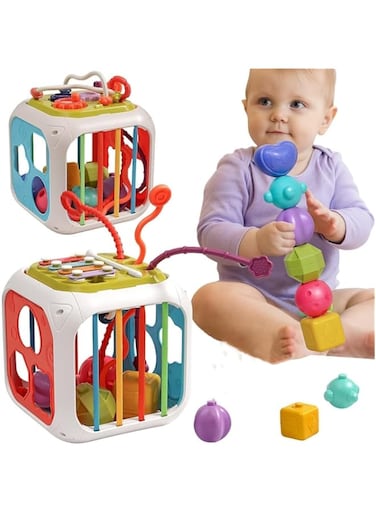 7 in 1 Montessori Baby Toys for 3+ Year Old - Sensory Bins Toys, Travel Pull String Toy and Shape Sorter and Stacking Building Blocks and Suction Cup Spinner Toys, Birthday for Baby