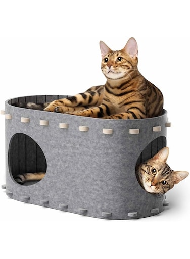Homodoskey Cat Cave Beds for Indoor Cats, Pet Cat House for Multiple &amp; Large Cats Up to 22 Lbs, Scratch Resistant Peekaboo Cat Caves, Foldable Cat Hideaway Enclosed Bed (Light Gray, 22.8x12.9x11.8in)