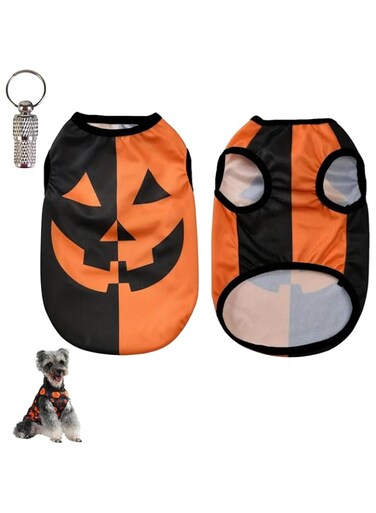 PETSARY   Halloween Pet T-Shirt for Dogs and Cats &ndash; Pumpkin Face Design, 100% Polyester, Lightweight and Comfortable, Festive Orange &amp; Black, Perfect for Small Breeds (Large)